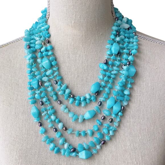 Hand-Knotted Multi-Strand Aqua Color Amazonite Bib Necklace w/ Toggle Clasp 19” - Picture 12 of 16